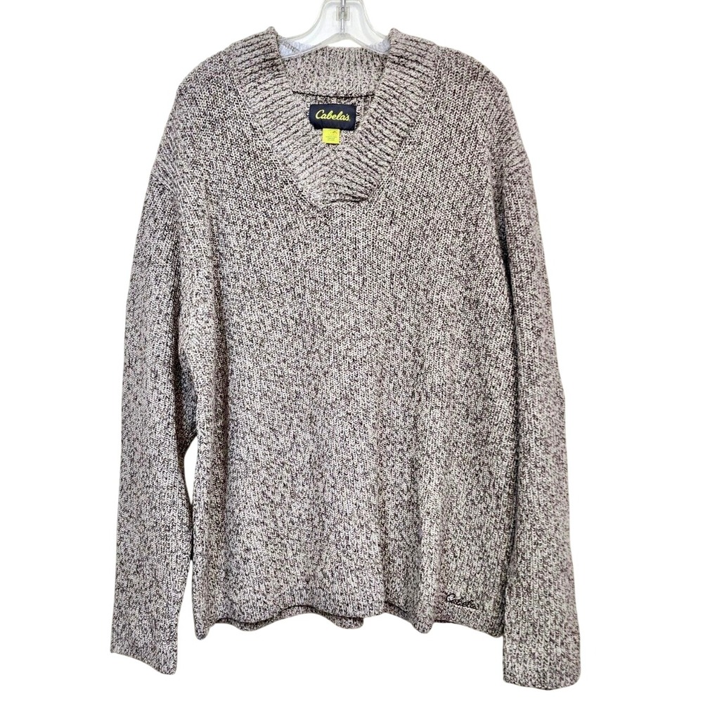 CABELA'S Cotton Shaker Sweater BROWN/IVORY MIXED YARN V-Neck Relaxed Fit MEN'S L